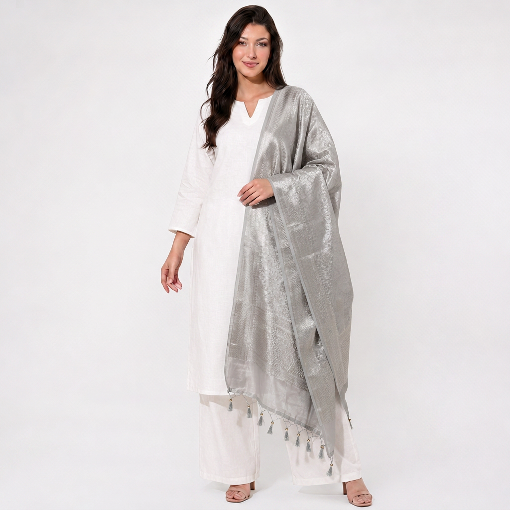 Silver Dyeable Geometrical Pure Tissue Dupatta UF-32894