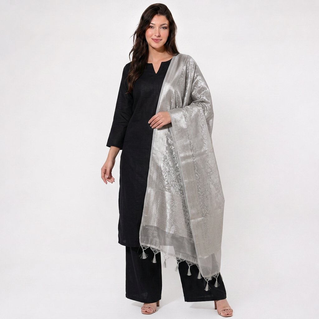 Silver Dyeable Abstract Pure Tissue Dupatta UF-32896