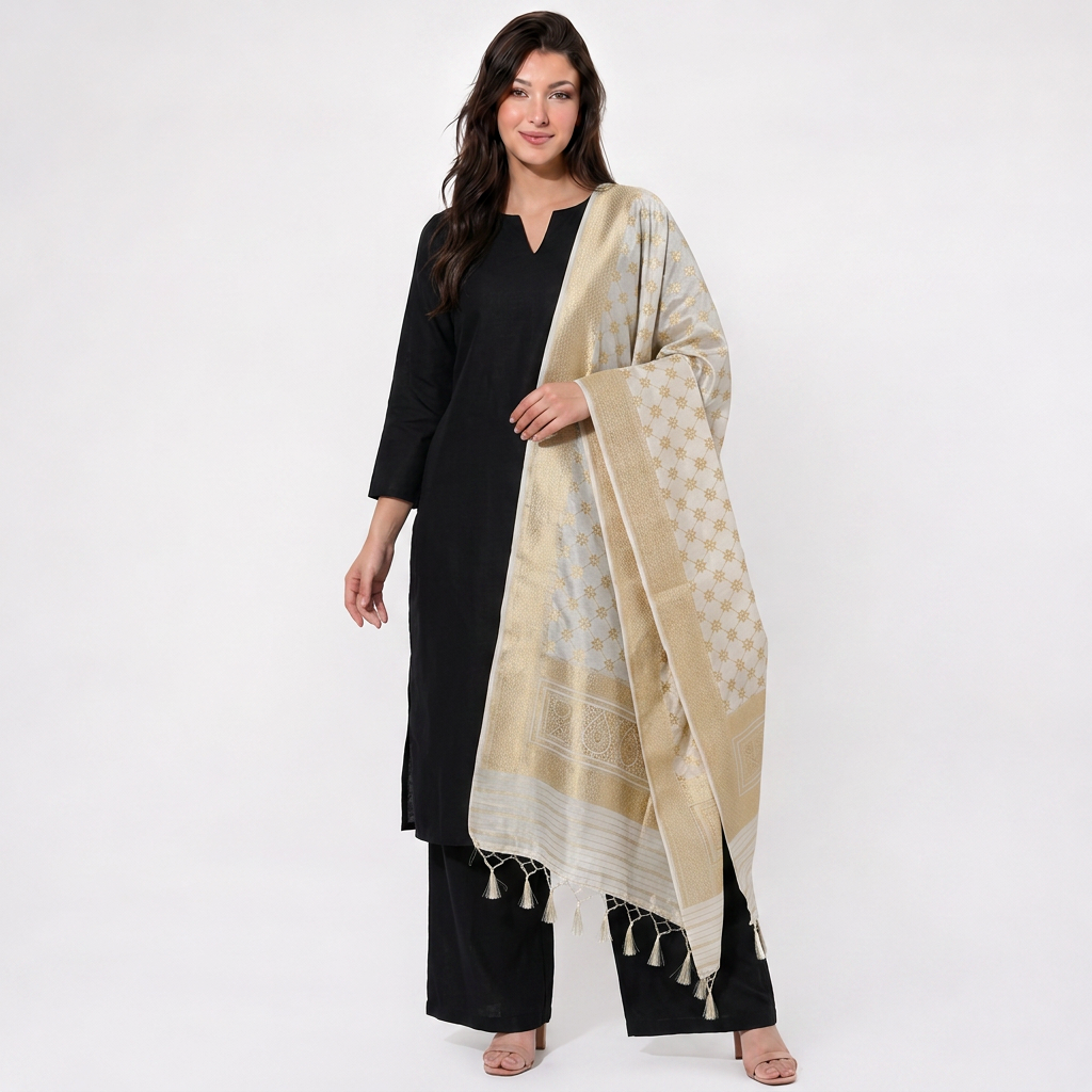 Off White Dyeable Jaal Zari Pure Katan Silk Dupatta UF-32902