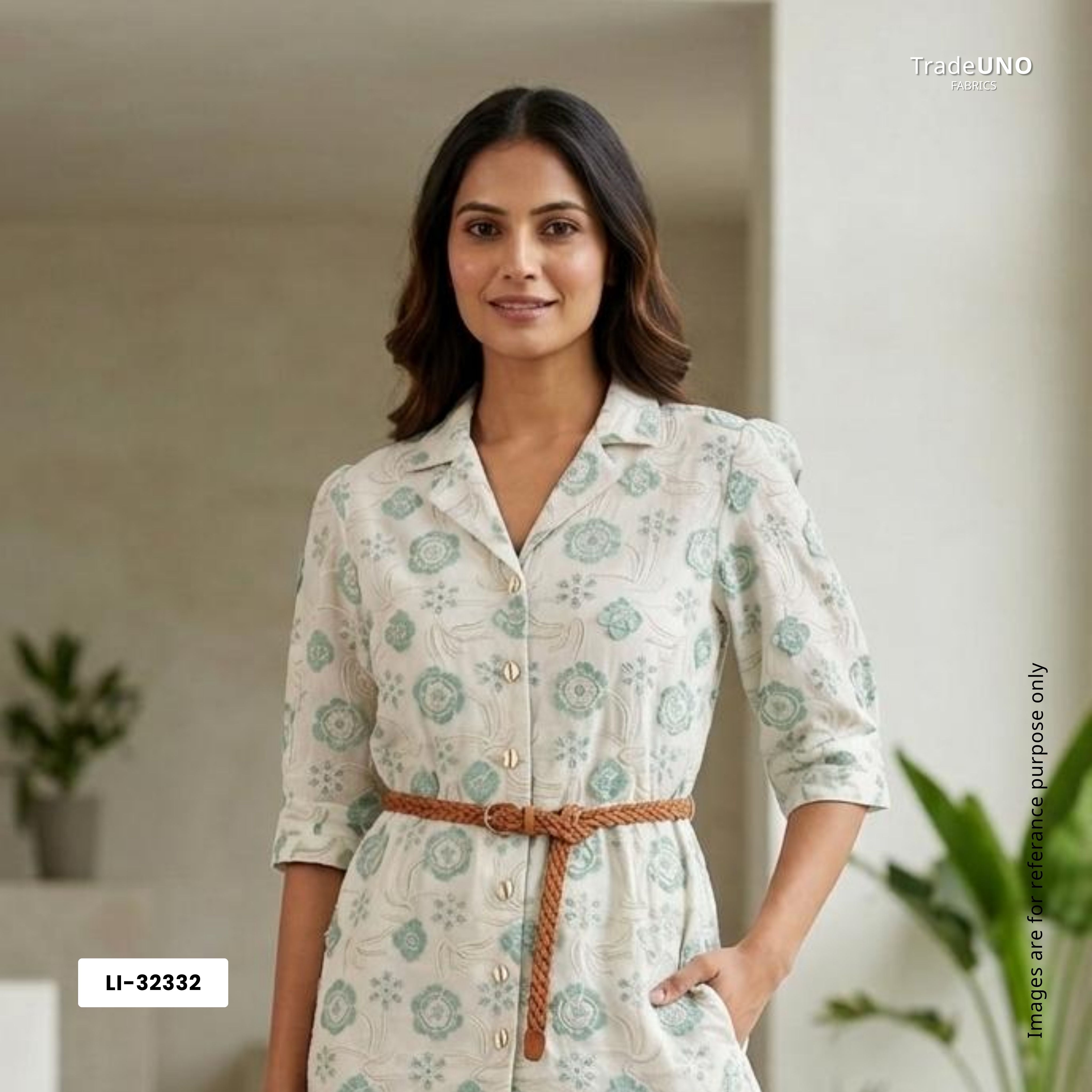 Off White With Sage Green 3D Floral Embroidery Tencel Schiffli Fabric LI-32332 - TradeUNO