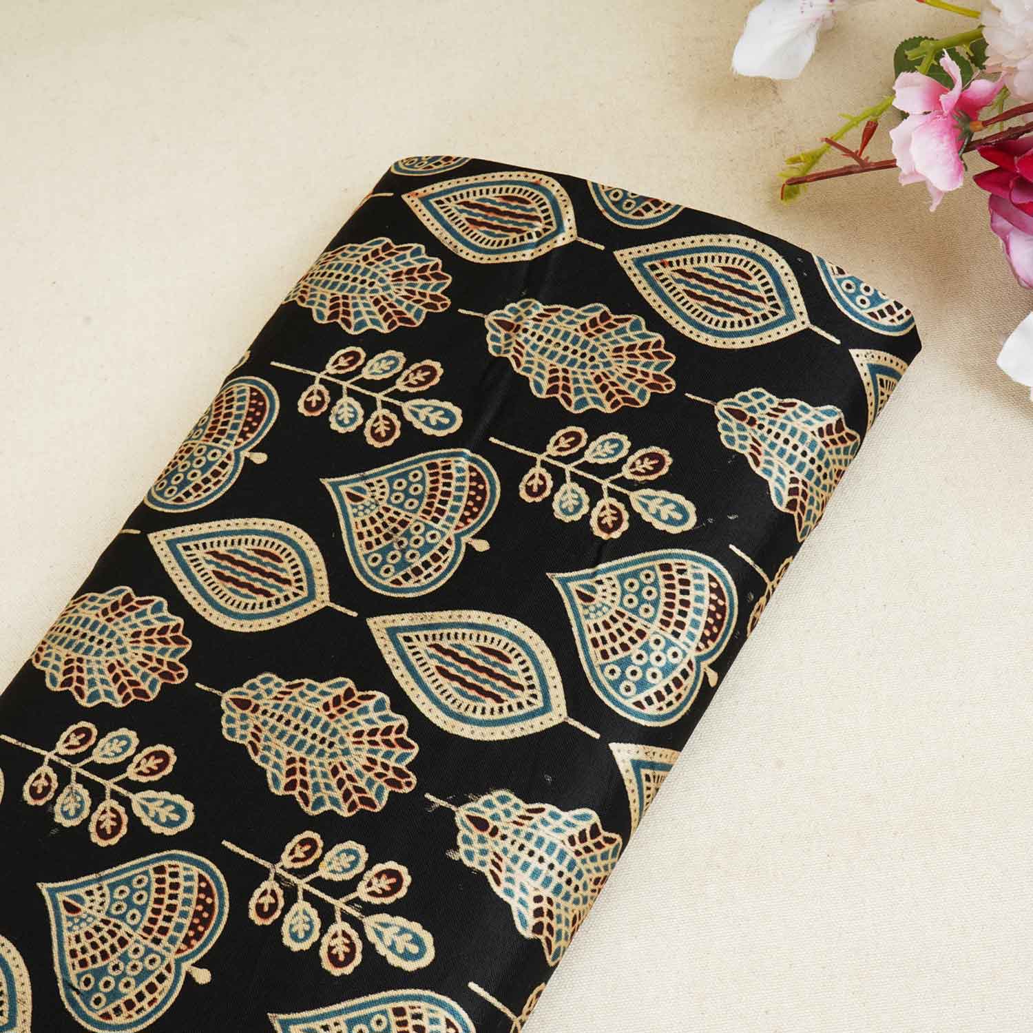 Black Floral Print Mashru Silk Fabric EEG-28332 - TradeUNO