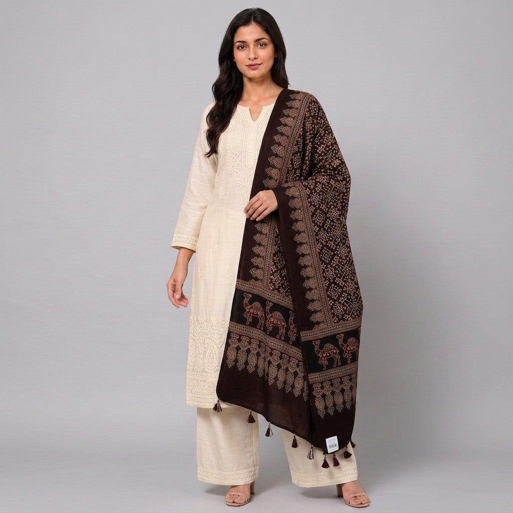 Brown Ikat Patola Print Pure Modal Silk Dupatta GT-33532