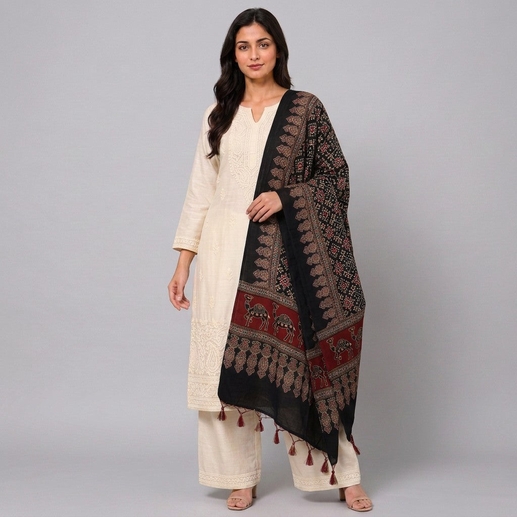 Black Ikat Patola Print Pure Modal Silk Dupatta GT-33533