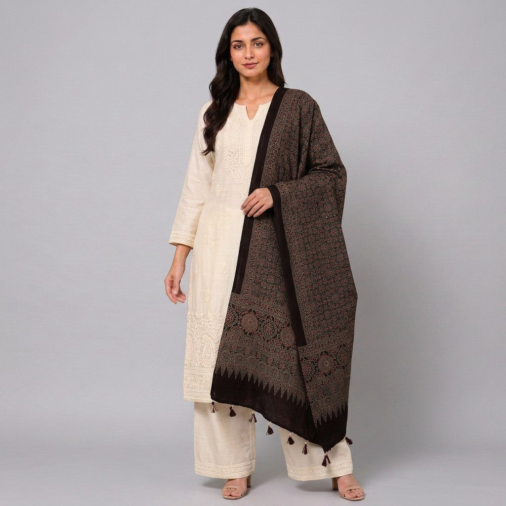 Brown Ajrak Print Pure Modal Silk Dupatta GT-33538