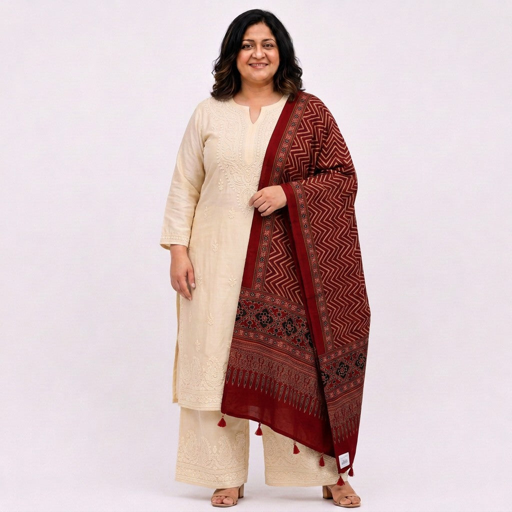 Red Chevron Print Pure Modal Silk Dupatta GT-33542