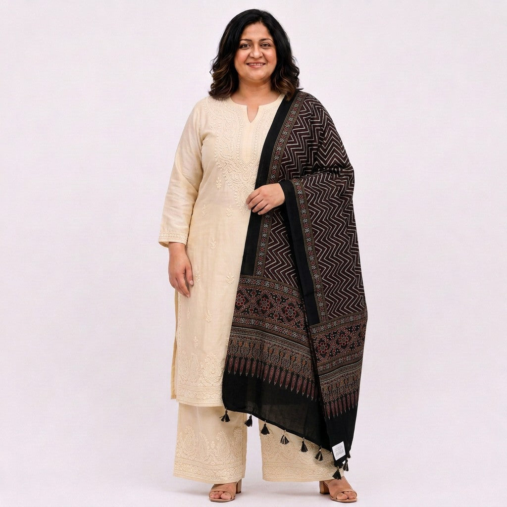 Black Chevron Print Pure Modal Silk Dupatta GT-33545