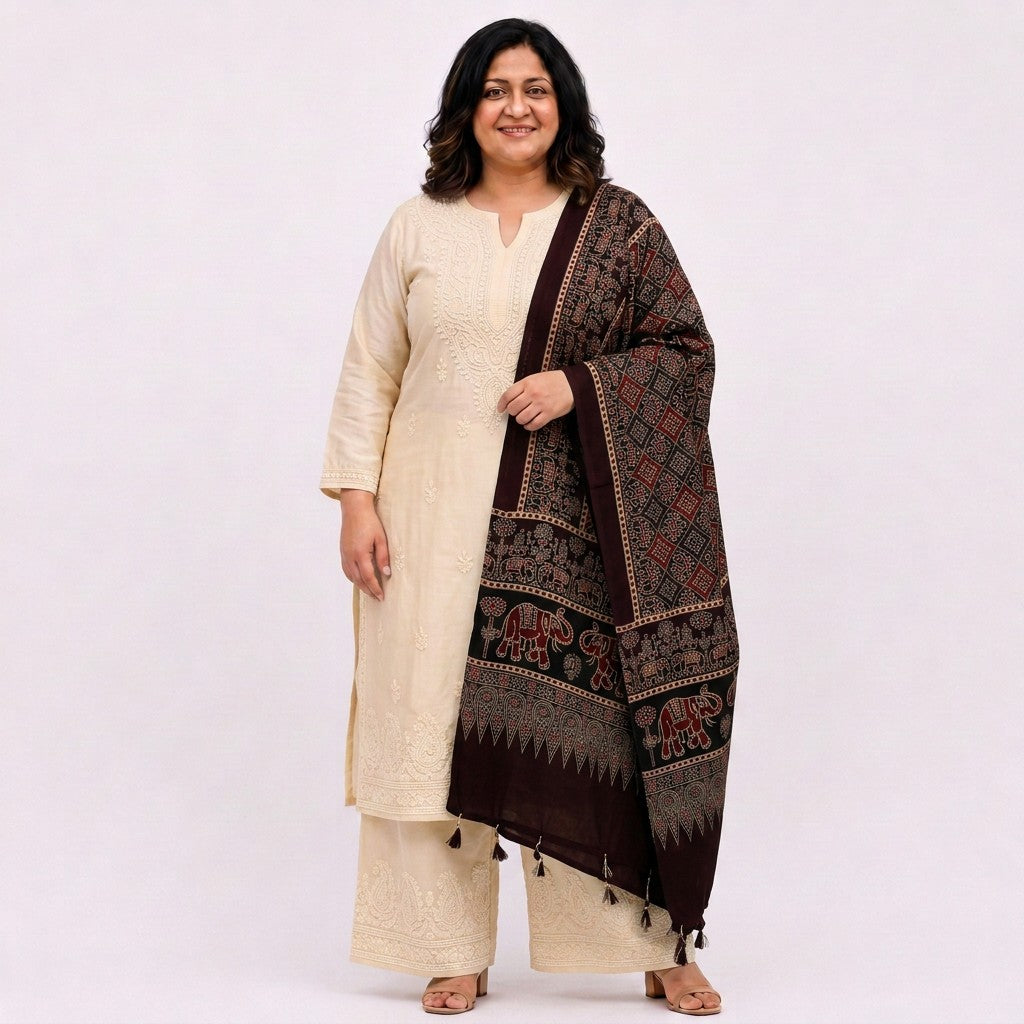 Brown Ikat Patola Print Pure Modal Silk Dupatta GT-33550