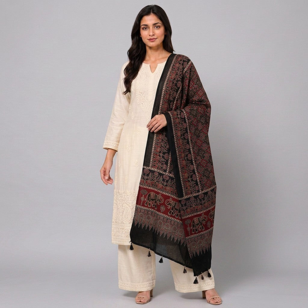 Black Ikat Patola Print Pure Modal Silk Dupatta GT-33551