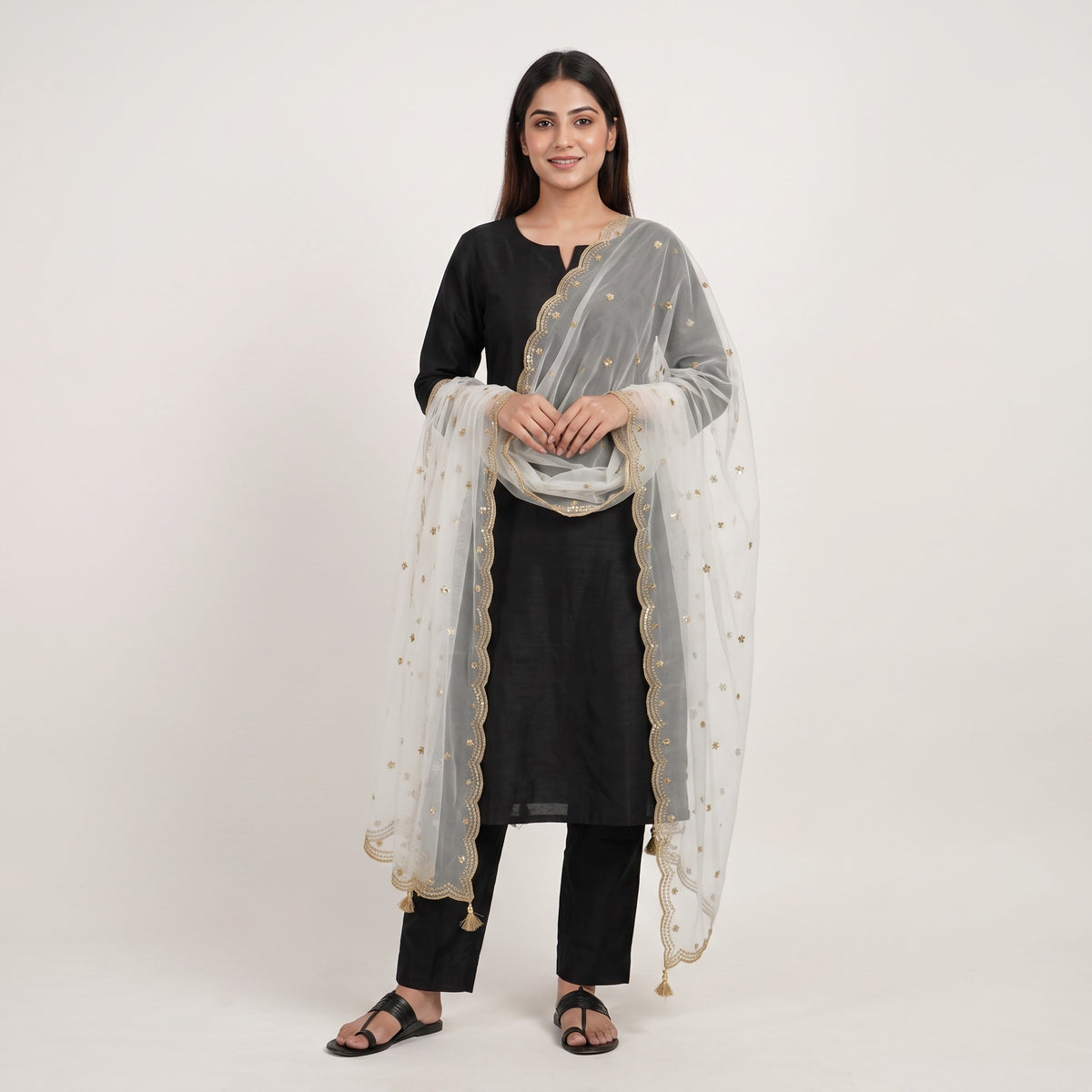 White Floral Sequins Zari Embroidery Dyeable Organza Dupatta SST-33615