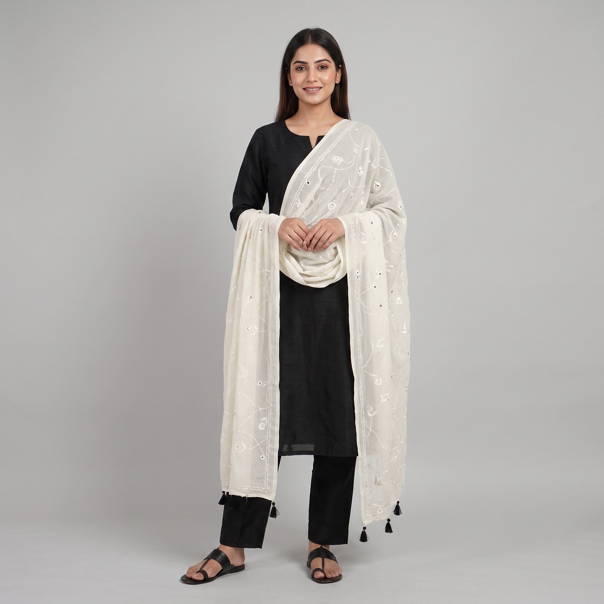 White Mirror Thread Embroidery Dyeable Chiffon Dupatta SST-33618