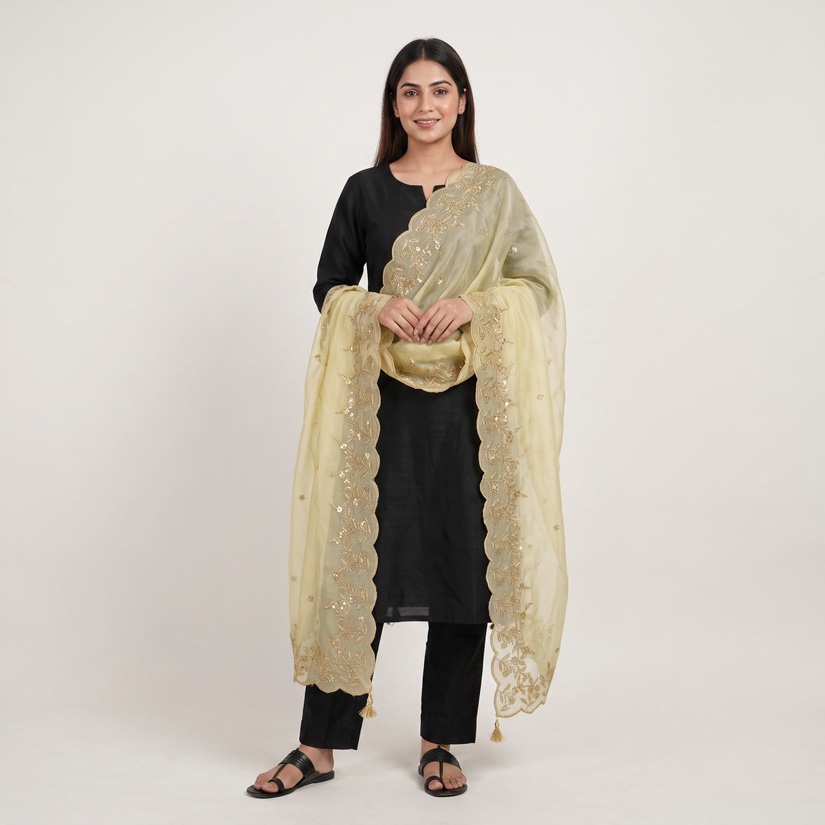 Golden Floral Zari Embroidery Dyeable Tissue Dupatta SST-33620
