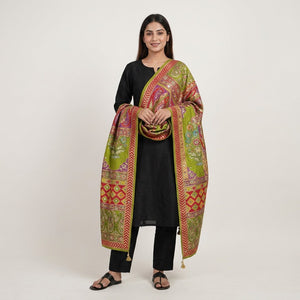 Light Green Floral Multicolor Mirror Work Jacquard Dupatta SU-33633