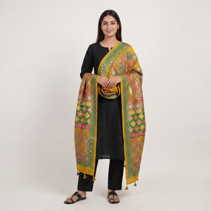 Yellow Floral Multicolor Mirror Work Jacquard Dupatta SU-33634