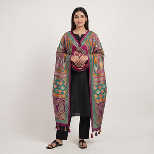 Purple Floral Multicolor Mirror Work Jacquard Dupatta SU-33637