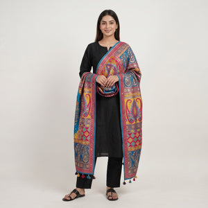 Blue Floral Multicolor Mirror Work Jacquard Dupatta SU-33638