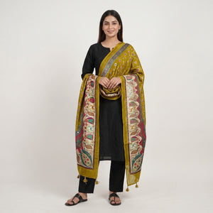 Olive Green Floral Multicolor Mirror Work Jacquard Dupatta SU-33639