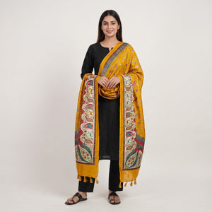 Yellow Floral Multicolor Mirror Work Jacquard Dupatta SU-33640