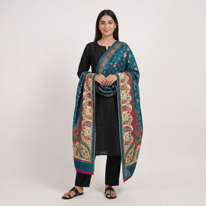 Blue Floral Multicolor Mirror Work Jacquard Dupatta SU-33641