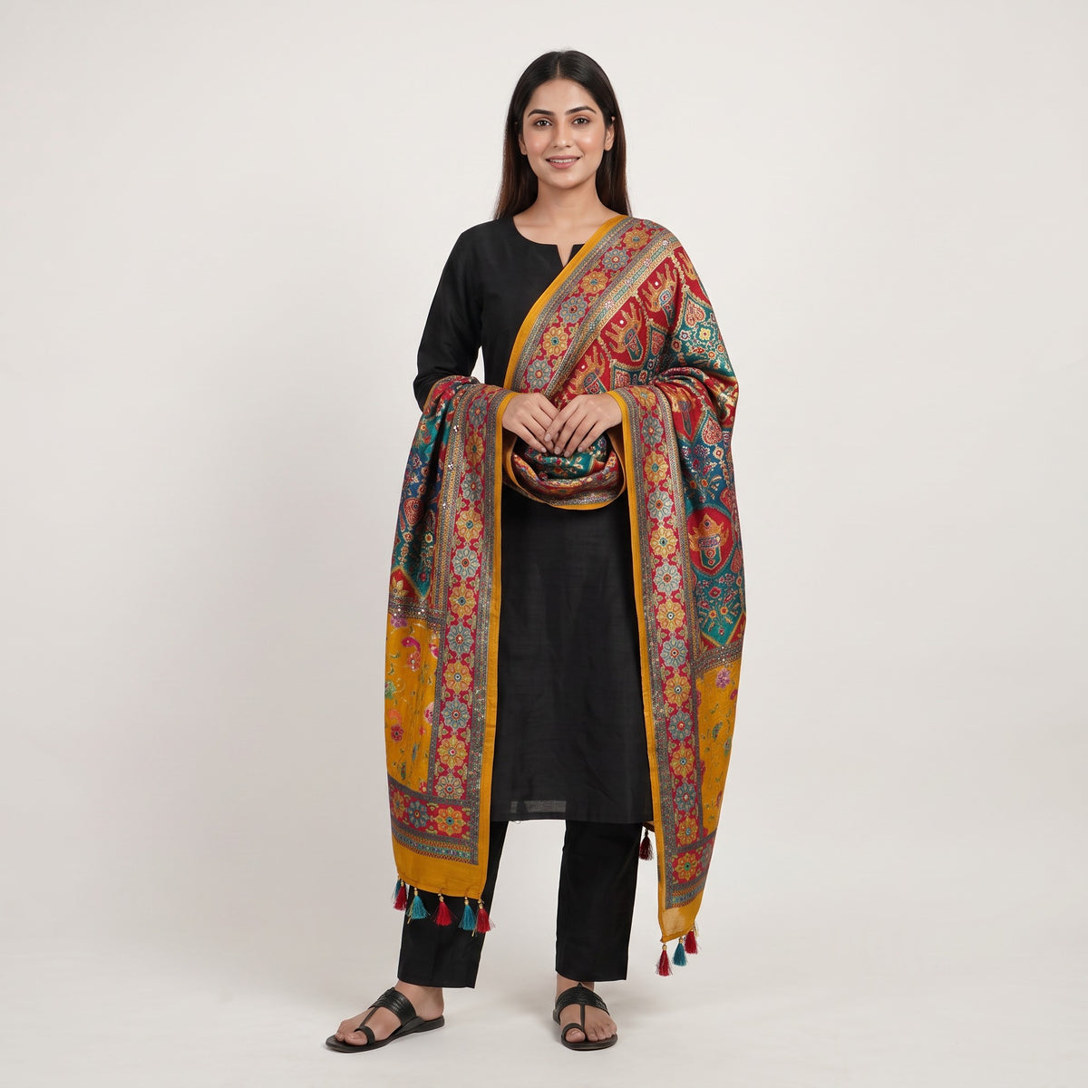 Yellow Gharchola Multicolor Zari Mirror Work Jacquard Dupatta SU-33657