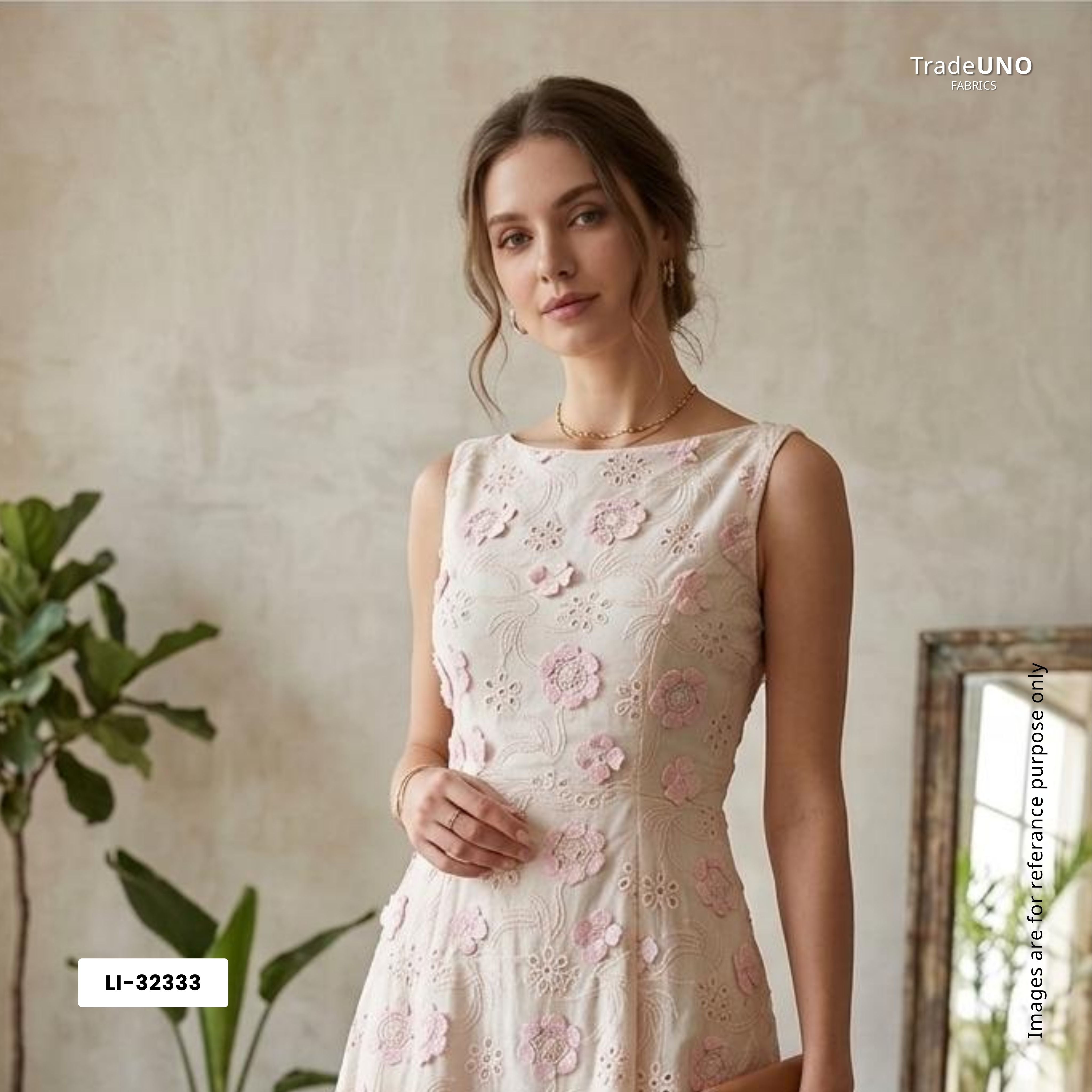 Off White With Beige 3D Floral Embroidery Tencel Schiffli Fabric LI-32333 - TradeUNO