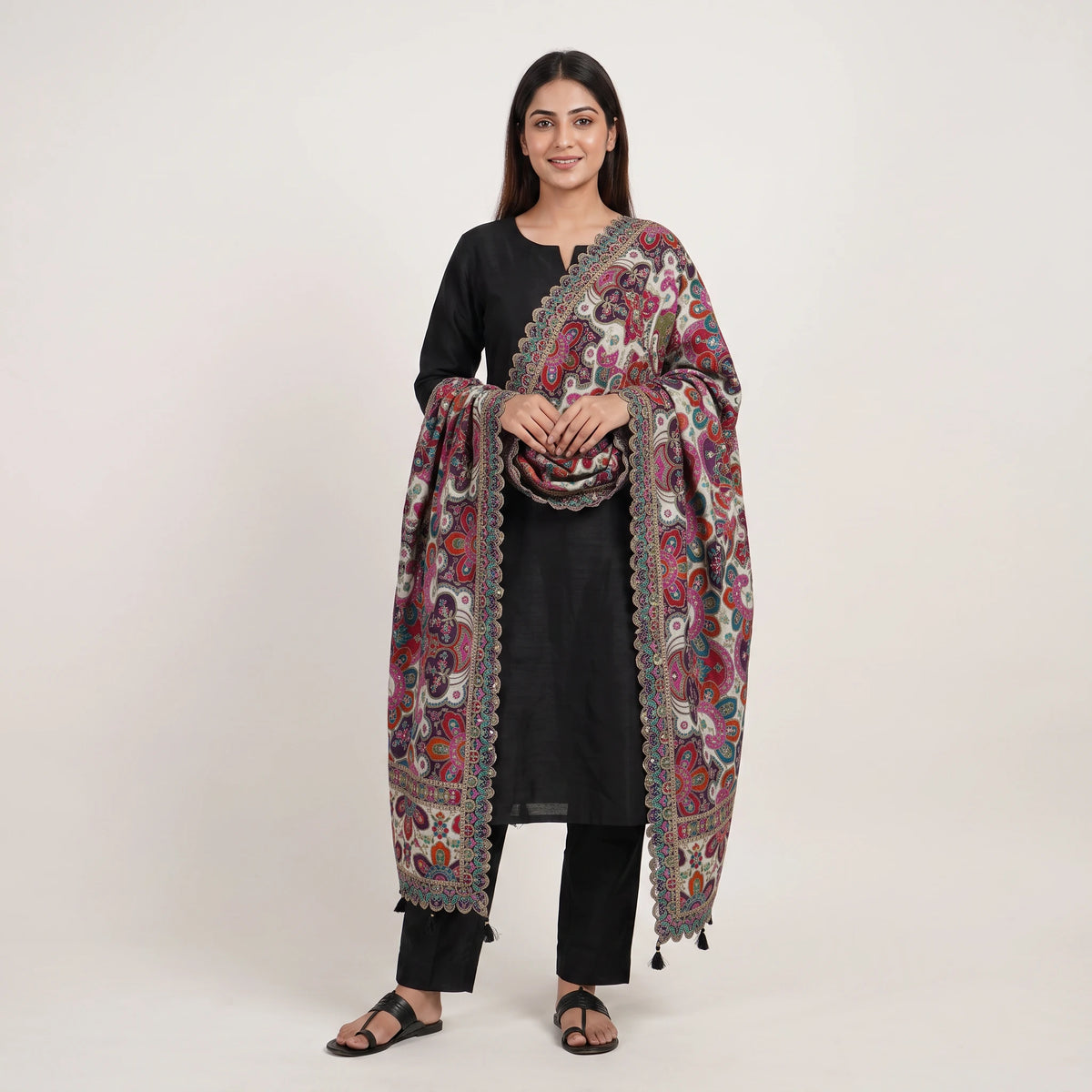 White Position Multicolor Zari Embroidery Pure Chinon Dupatta GT-34121