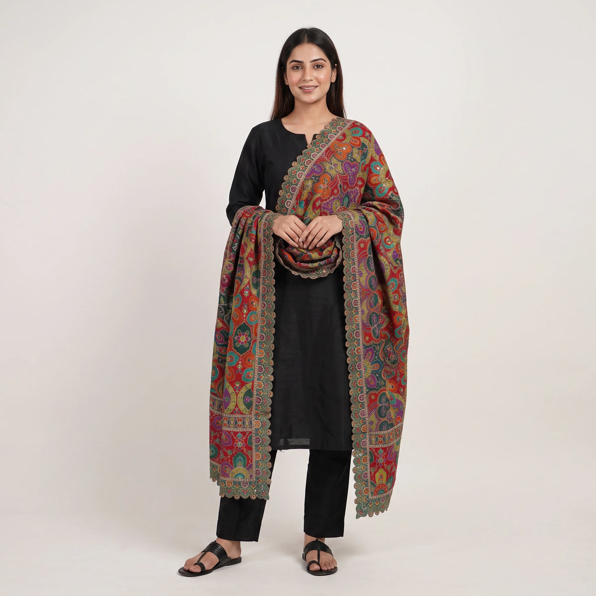 Red Position Multicolor Zari Embroidery Pure Chinon Dupatta GT-34122