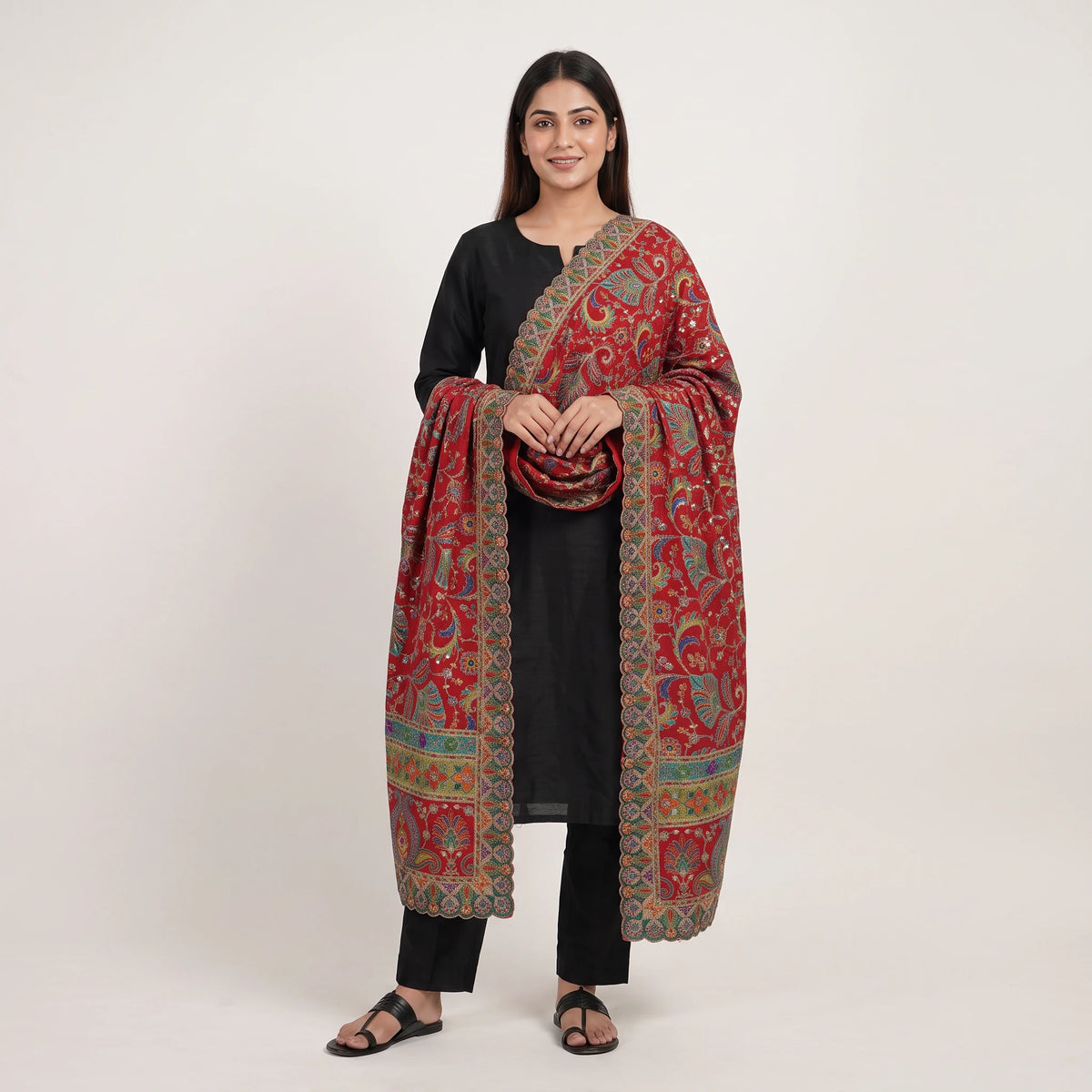 Red Position Multicolor Floral Zari Embroidery Pure Chinon Dupatta GT-34132