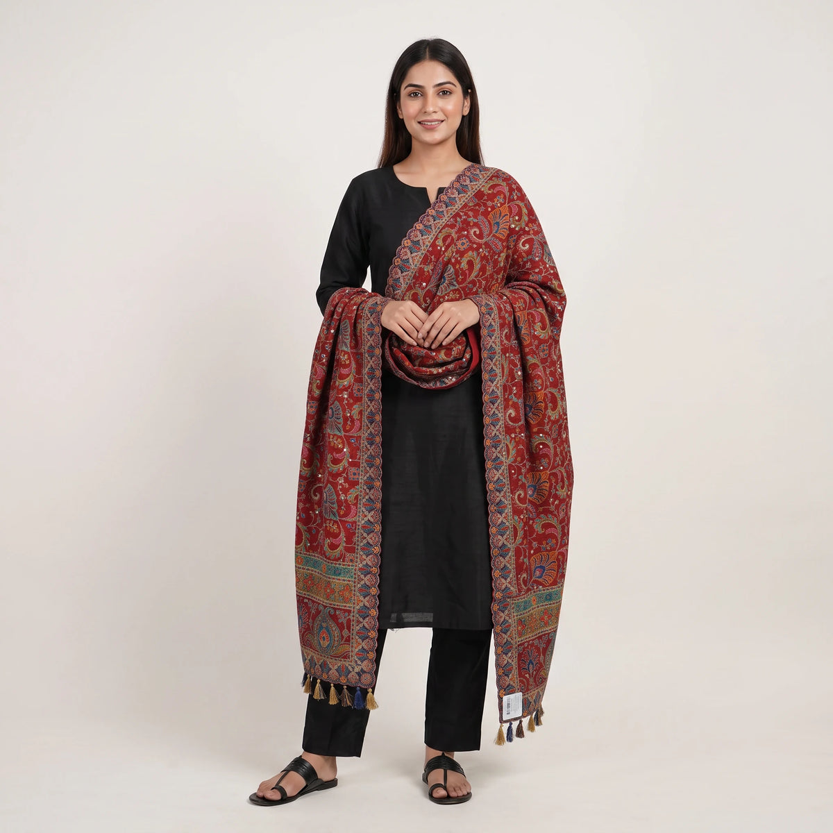 Maroon Position Multicolor Floral Zari Embroidery Pure Chinon Dupatta GT-34135