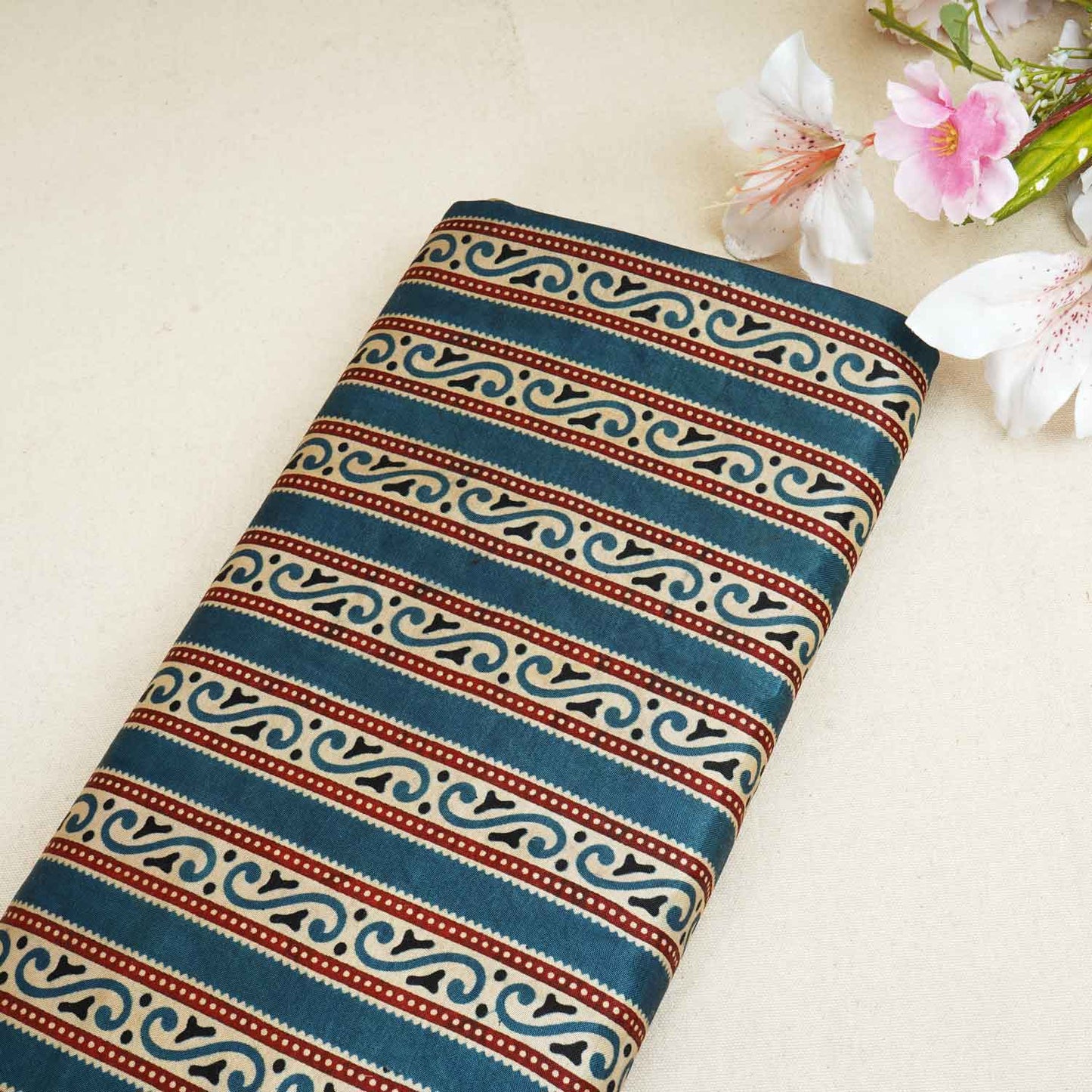 Teal Blue Ajrakh Print Mashru Silk Fabric EEG-28342