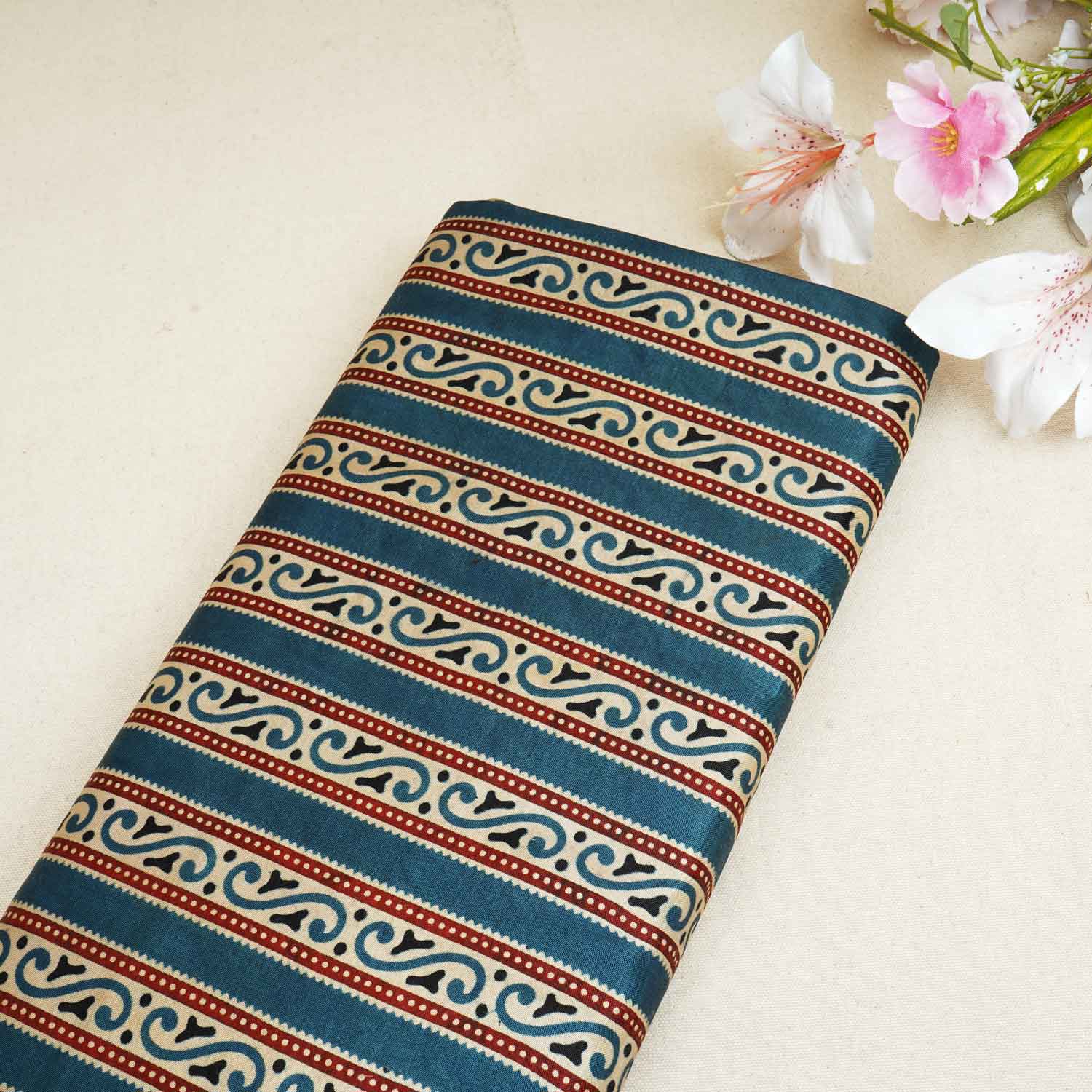 Teal Blue Ajrakh Print Mashru Silk Fabric EEG-28342 - TradeUNO