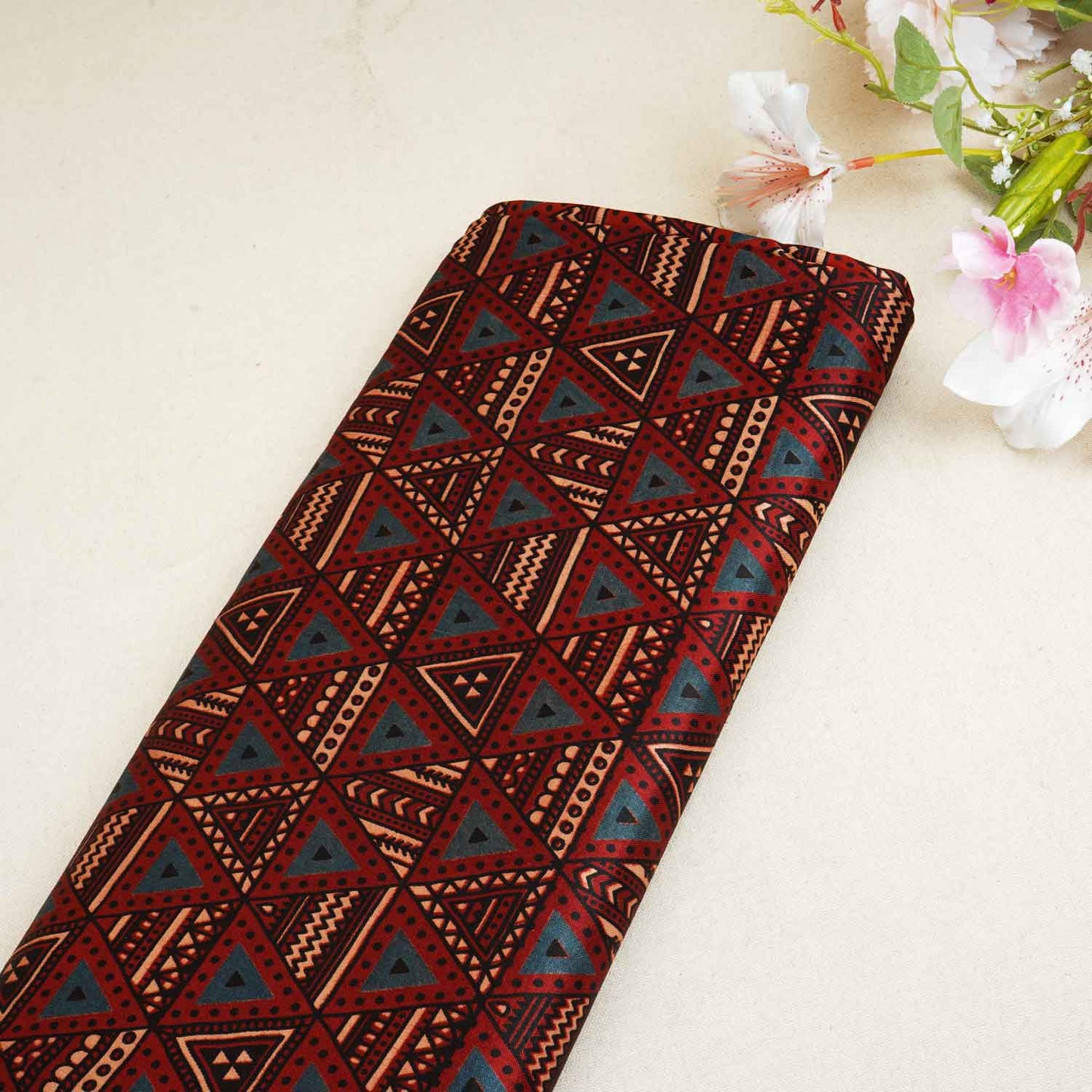 Red Geometrical Print Mashru Silk Fabric EEG-28343