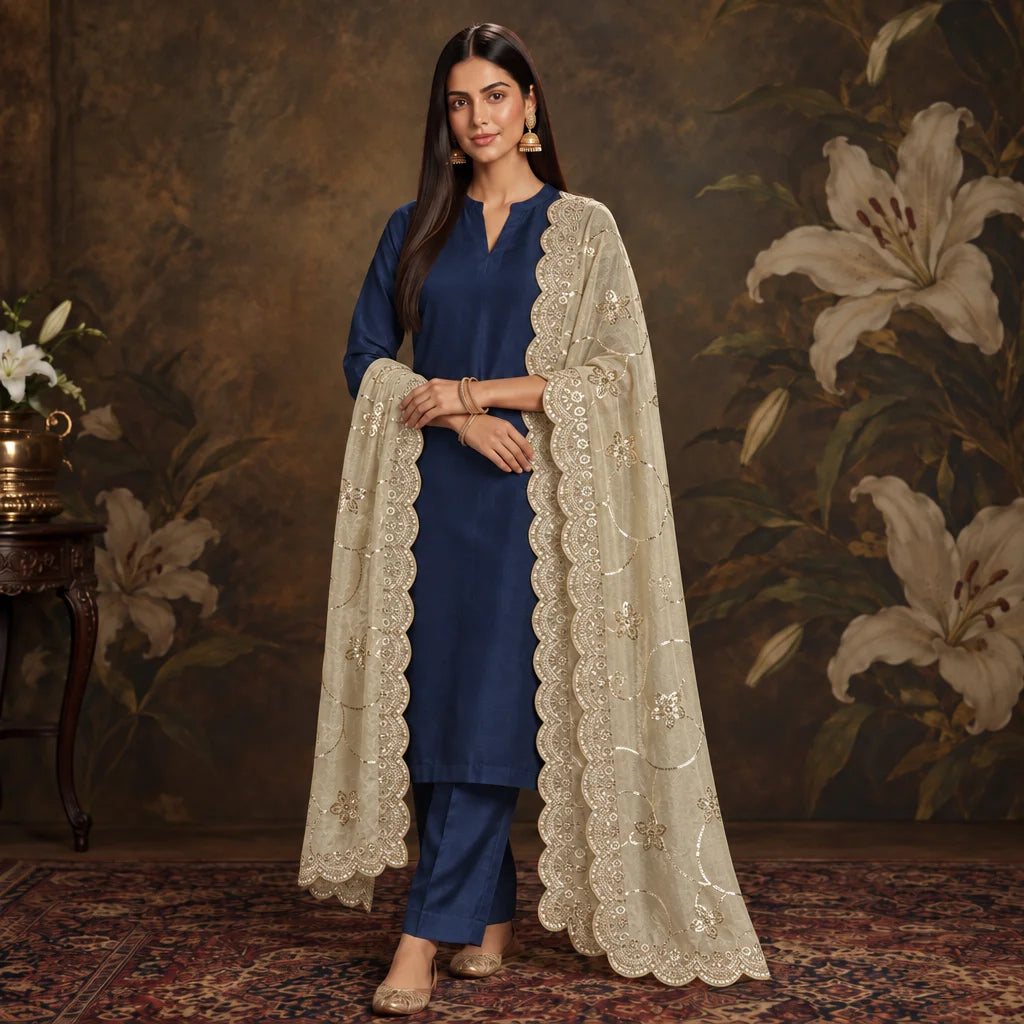 Golden Shimmer Floral Jaal Sequins Embroidery Dyeable Tissue Dupatta SS-34384