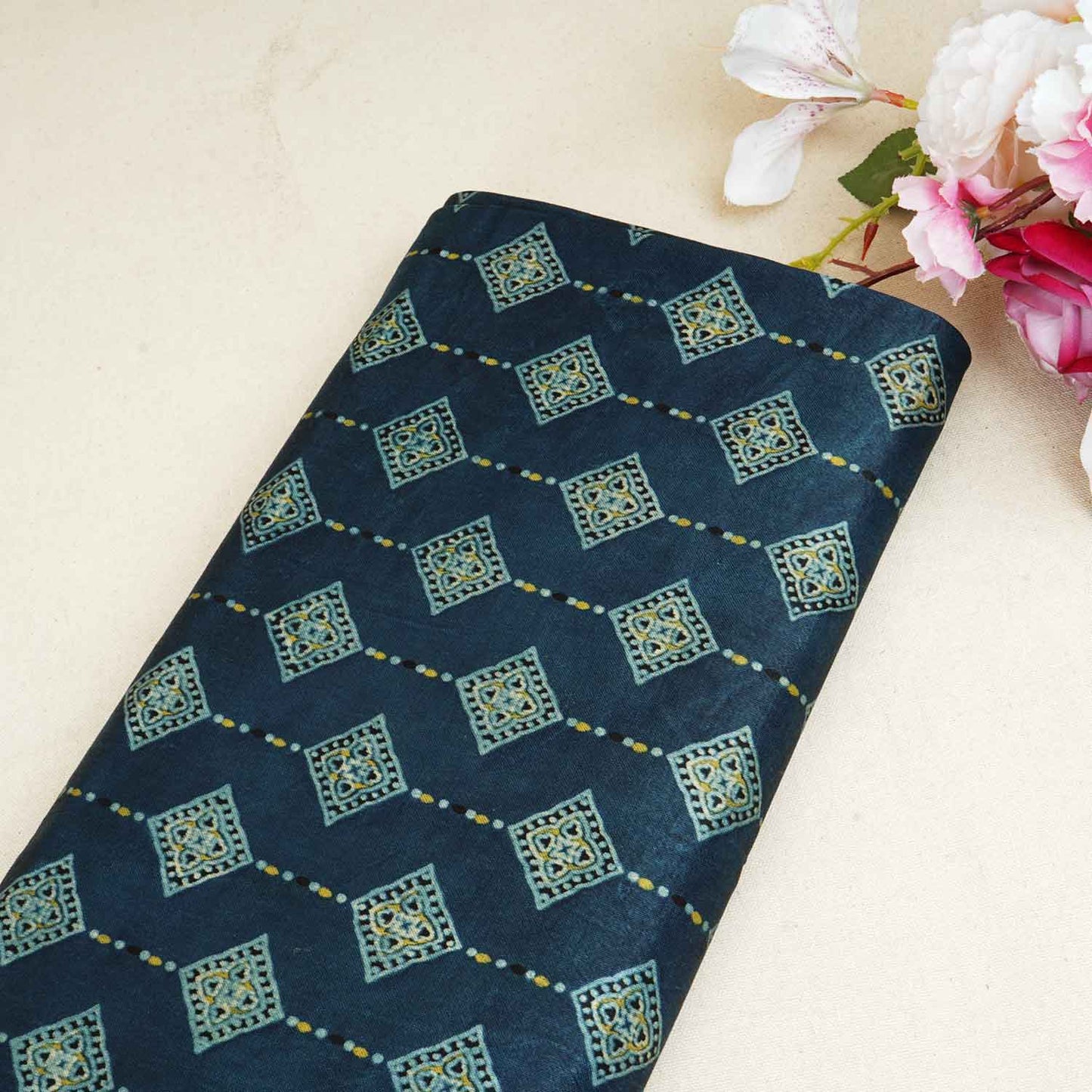 Teal Blue Floral Print Mashru Silk Fabric EEG-28347