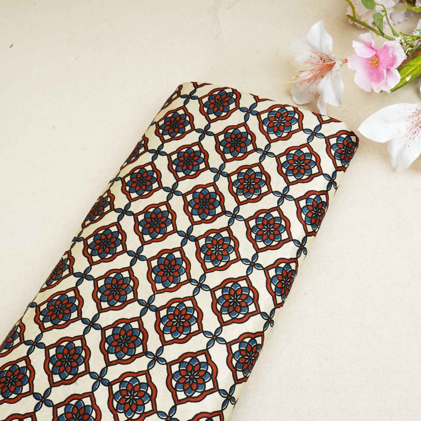 Cream Floral Print Mashru Silk Fabric EEG-28348