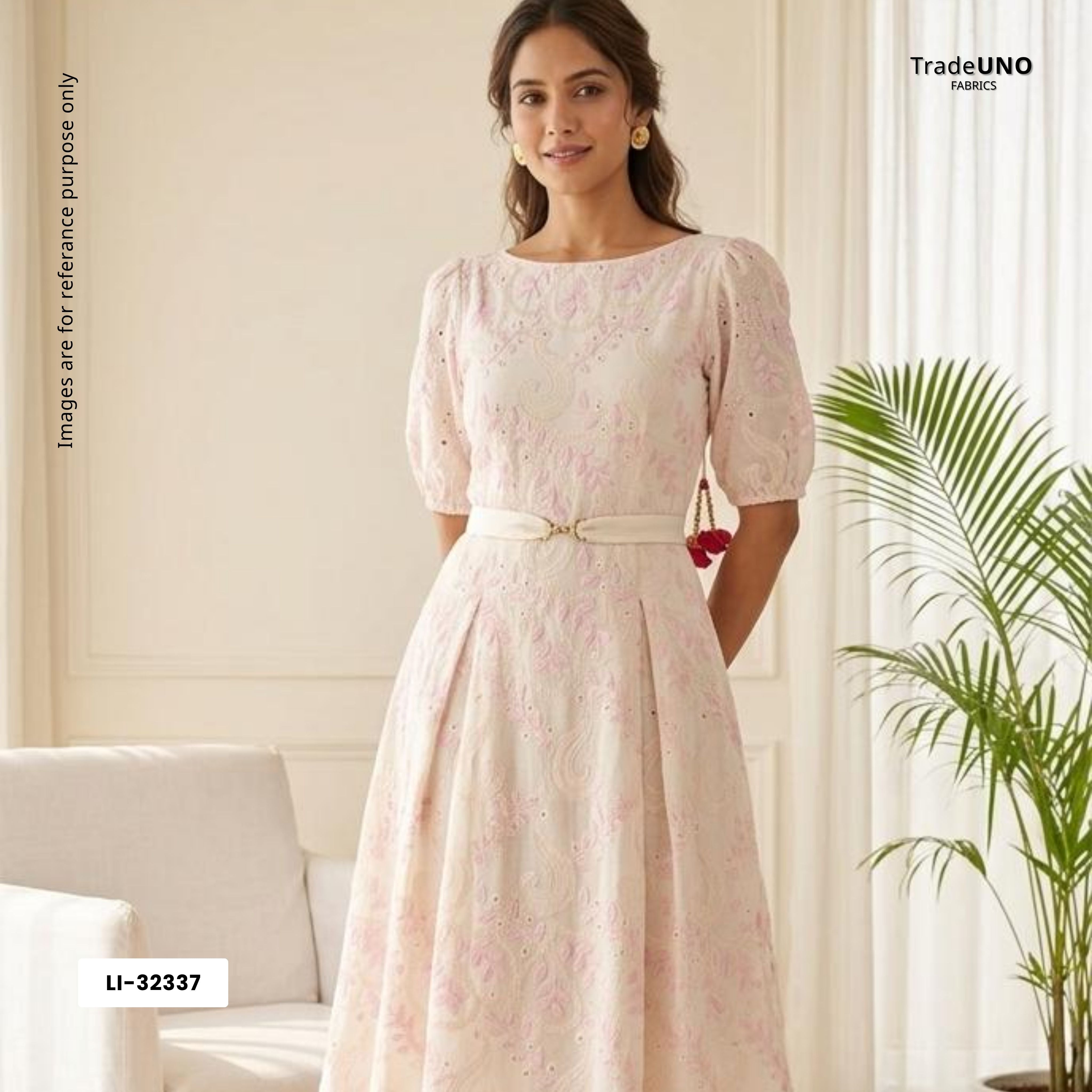 Off White With Pink 3D Leaf Embroidery Tencel Schiffli Fabric LI-32337 - TradeUNO
