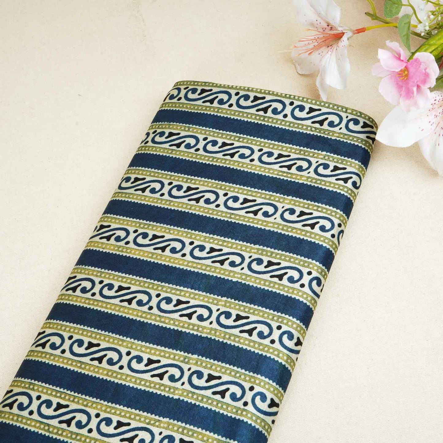 Teal Blue Floral Print Mashru Silk Fabric EEG-28351