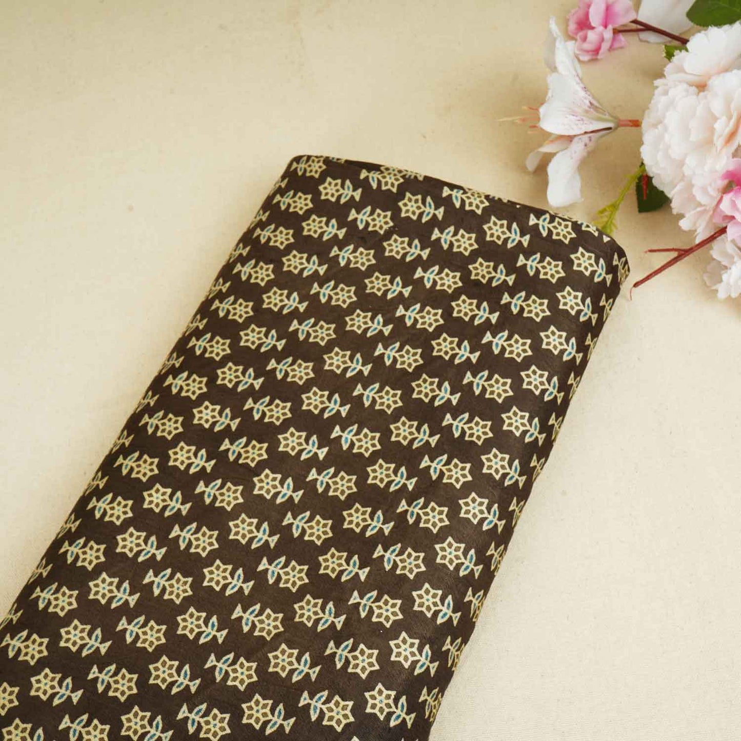 Black Floral Print Mashru Silk Fabric EEG-28353