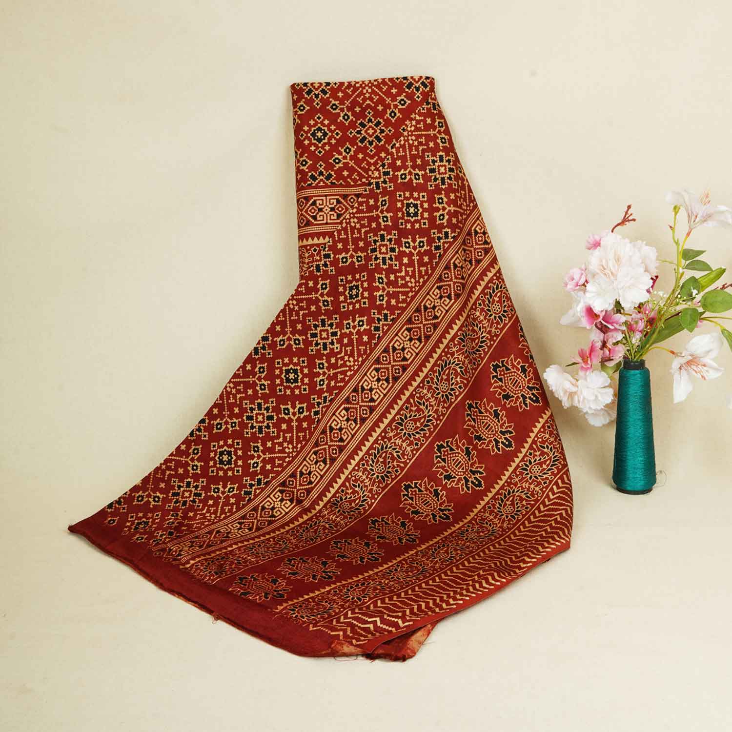 Red Ajrakh Print Mashru Silk Fabric EEG-28354 - TradeUNO