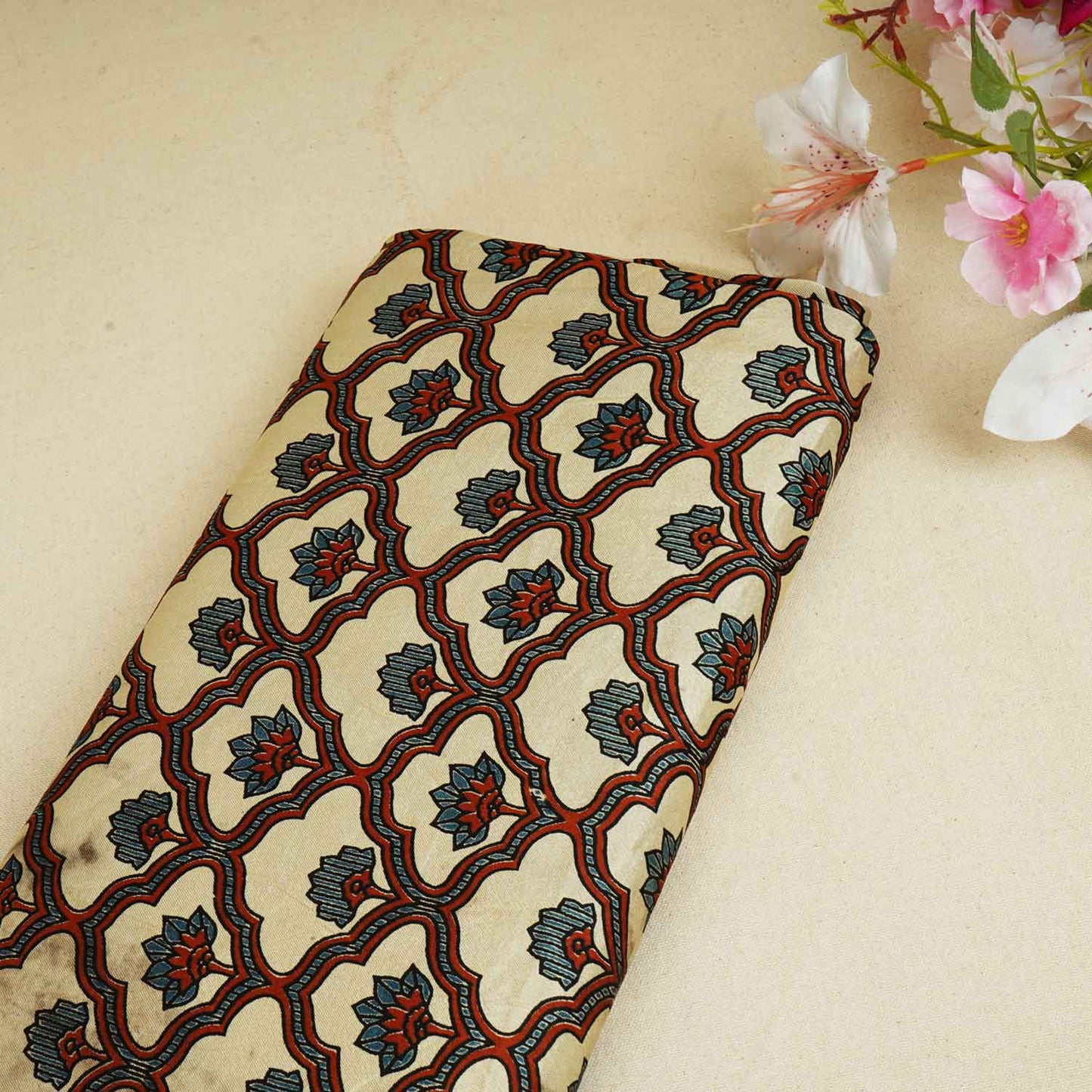 Peach Floral Print Mashru Silk Fabric EEG-28355