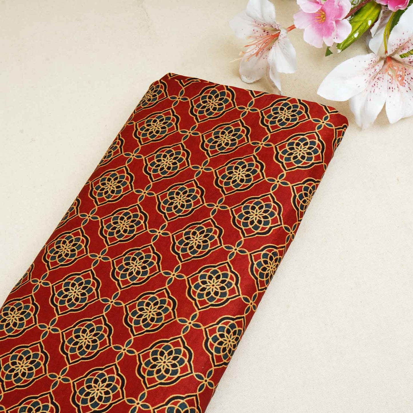 Red Floral Print Mashru Silk Fabric EEG-28356