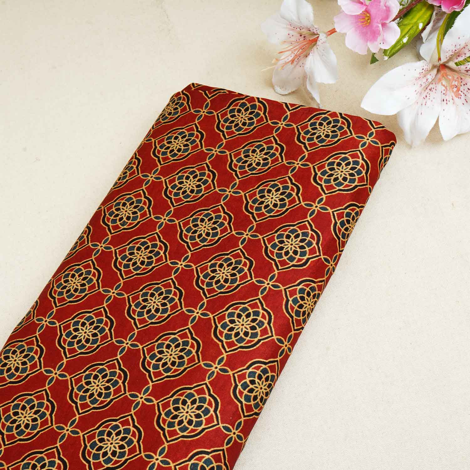 Red Floral Print Mashru Silk Fabric EEG-28356 - TradeUNO