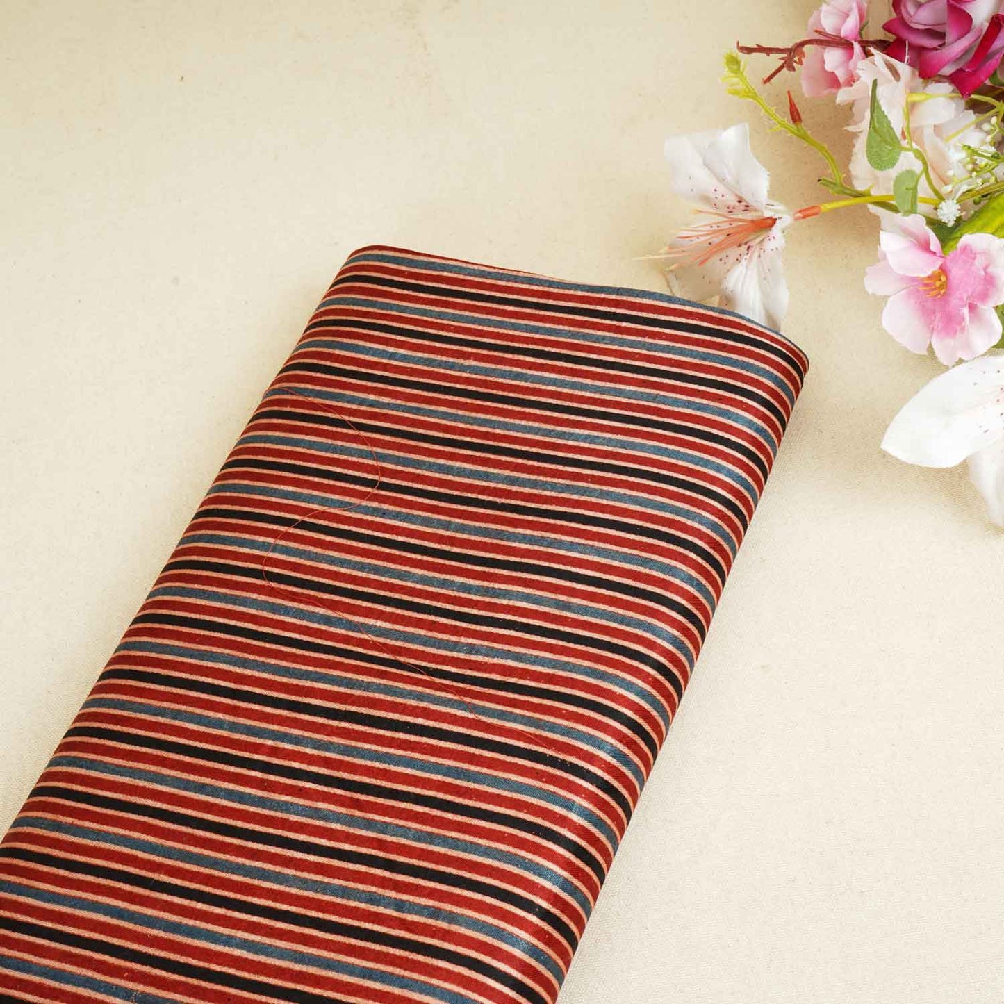 Red With Multicolour Strips Mashru Silk Fabric EEG-28357