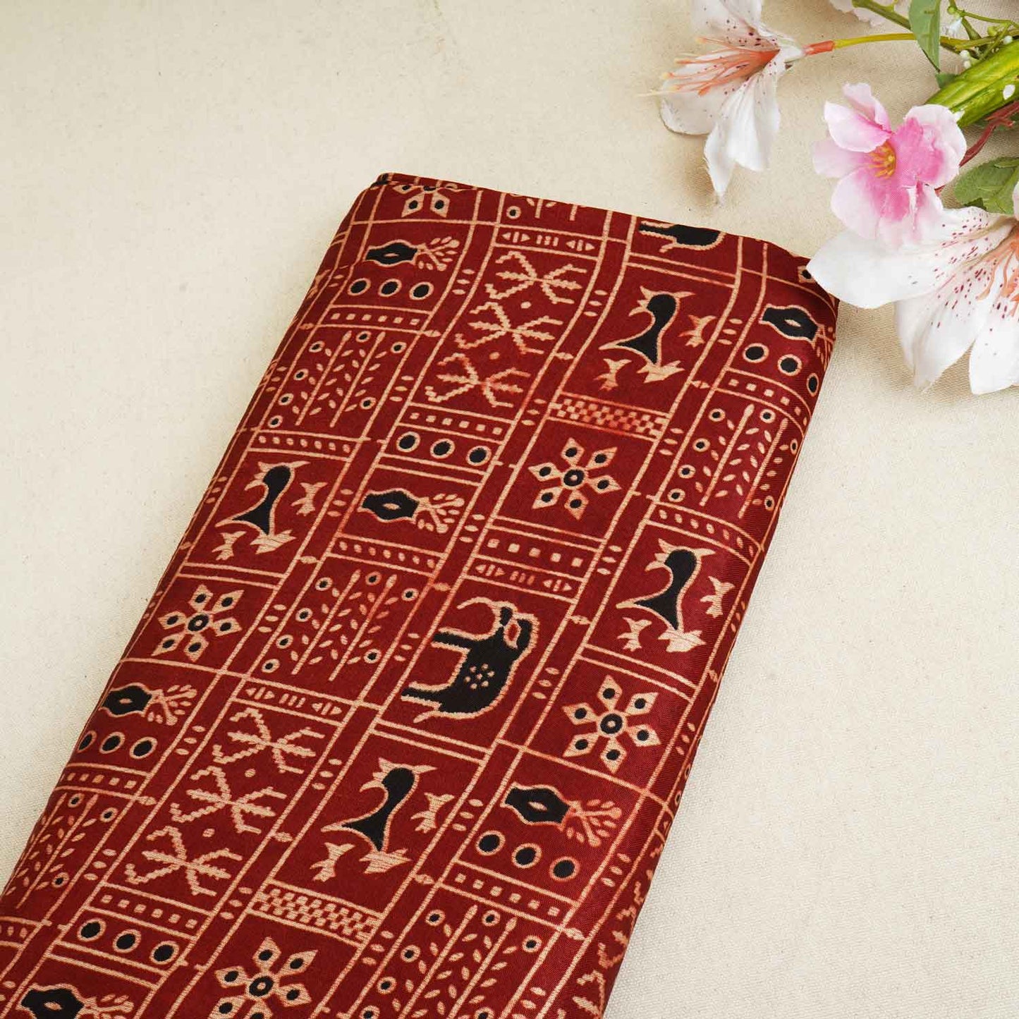 Red Ajrakh Print Mashru Silk Fabric EEG-28359