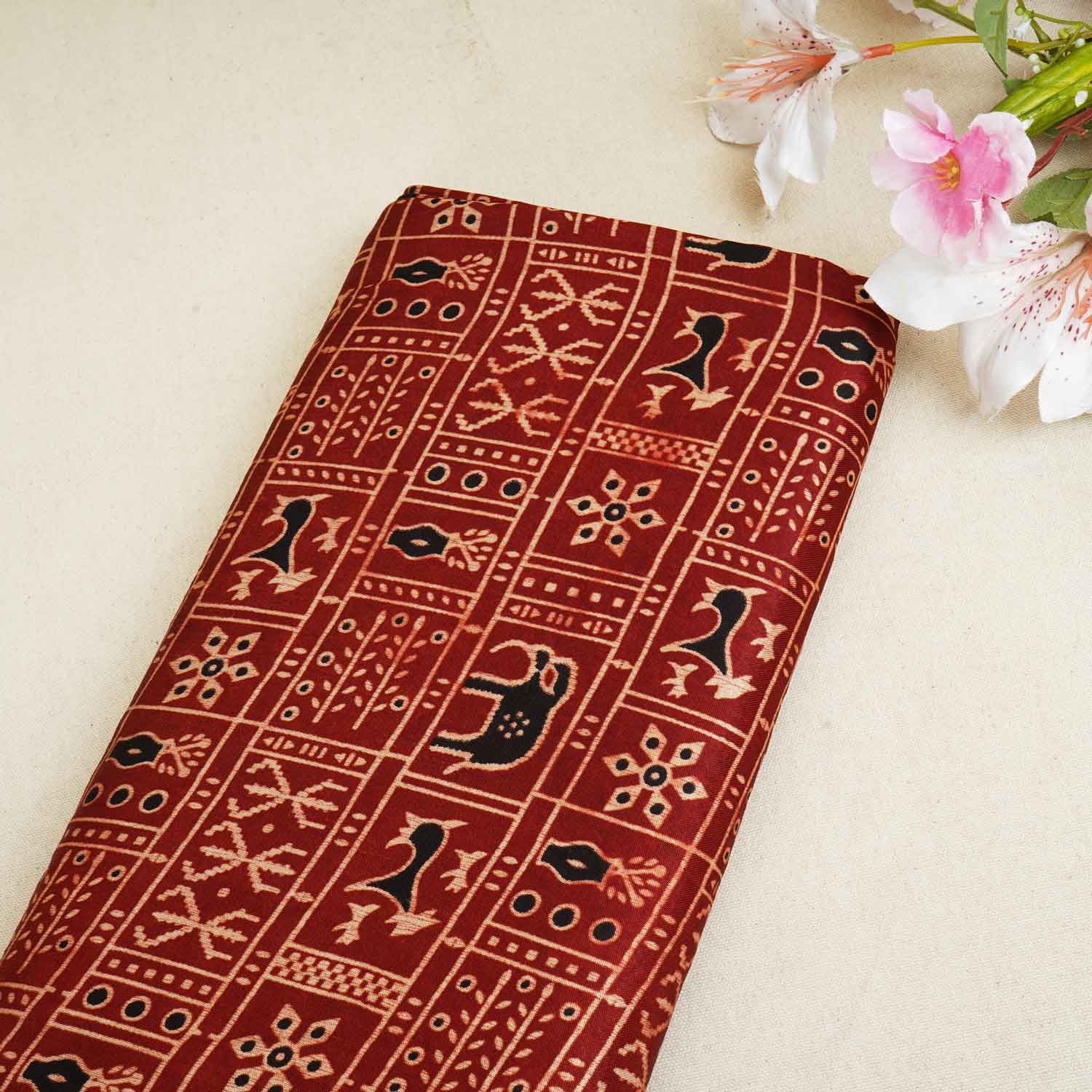 Red Ajrakh Print Mashru Silk Fabric EEG-28359 - TradeUNO