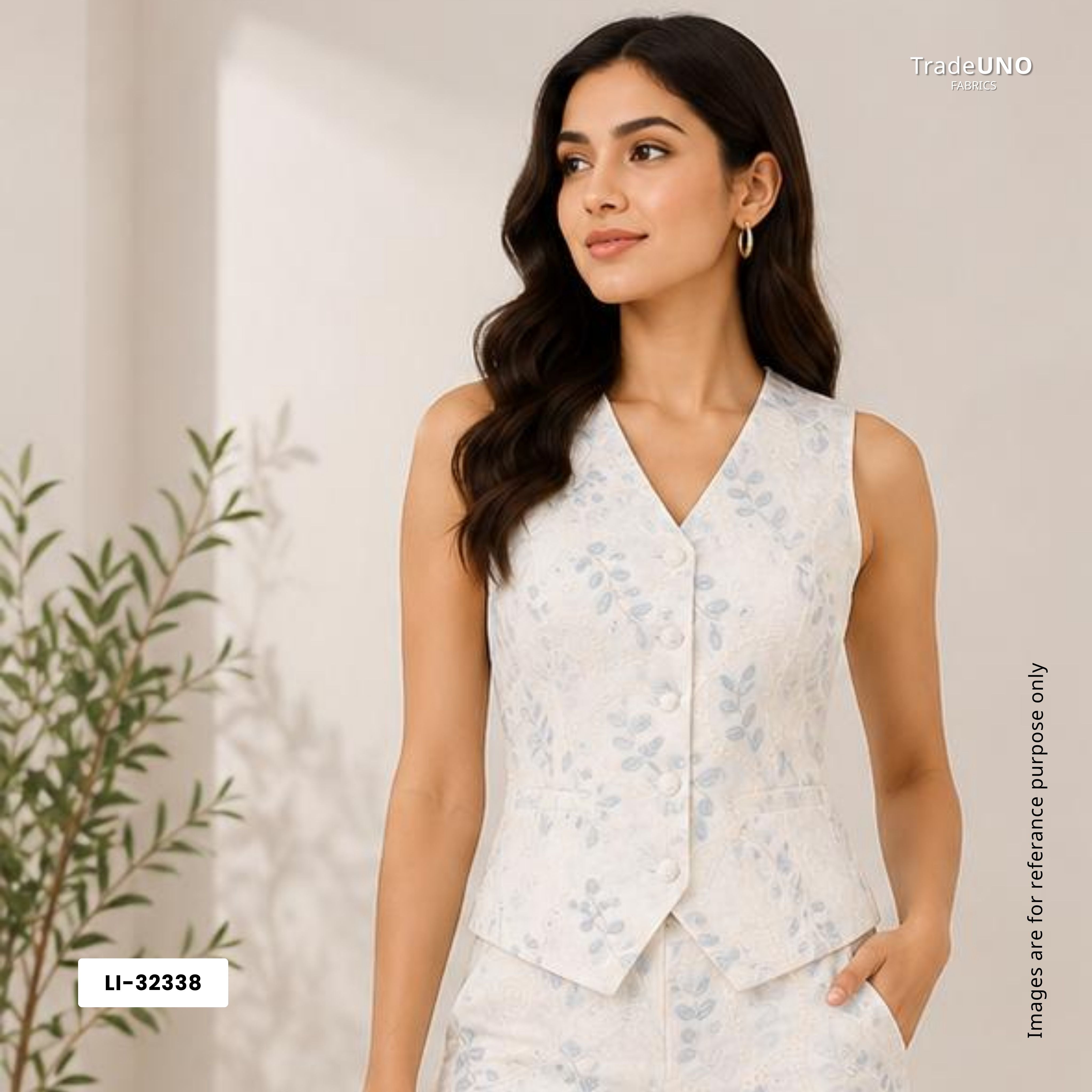 Off White With Blue 3D Leaf Embroidery Tencel Schiffli Fabric LI-32338 - TradeUNO
