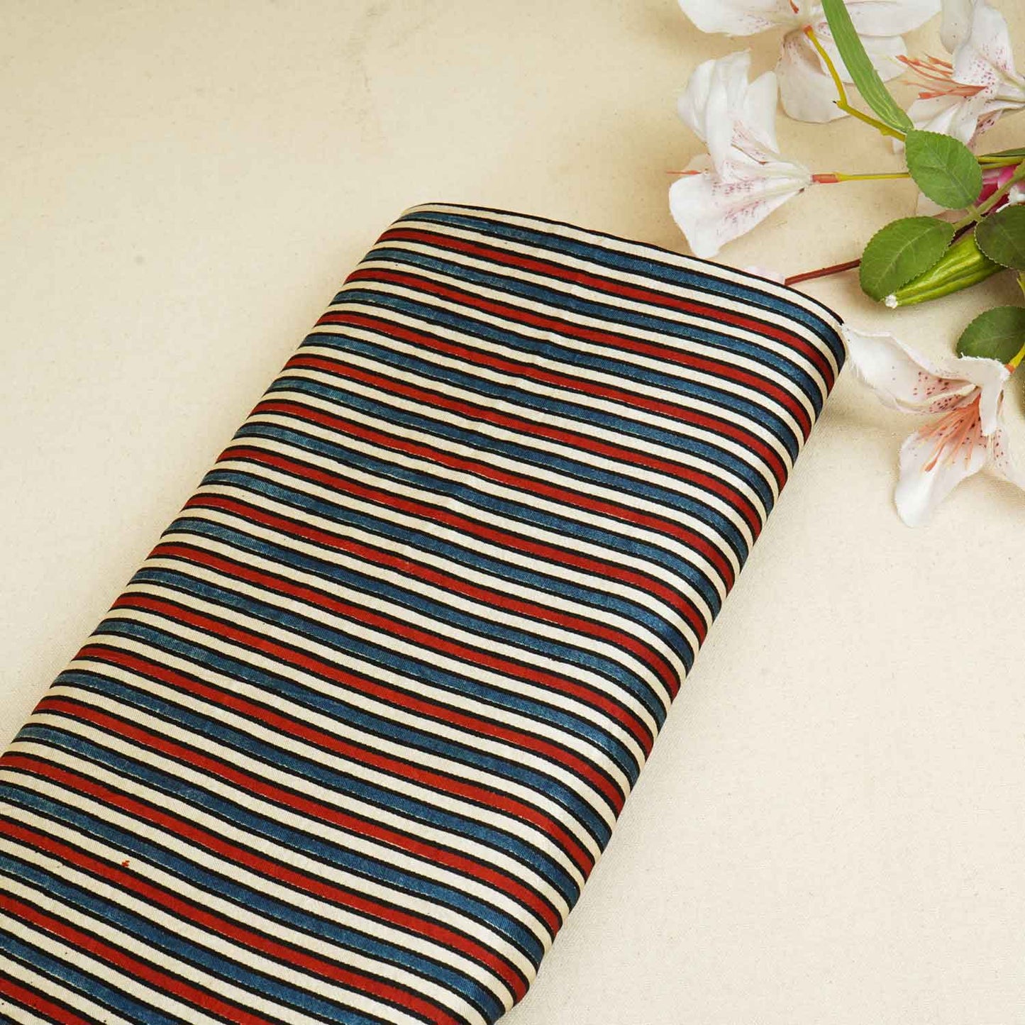 Cream With Multicolour Strips Mashru Silk Fabric EEG-28361