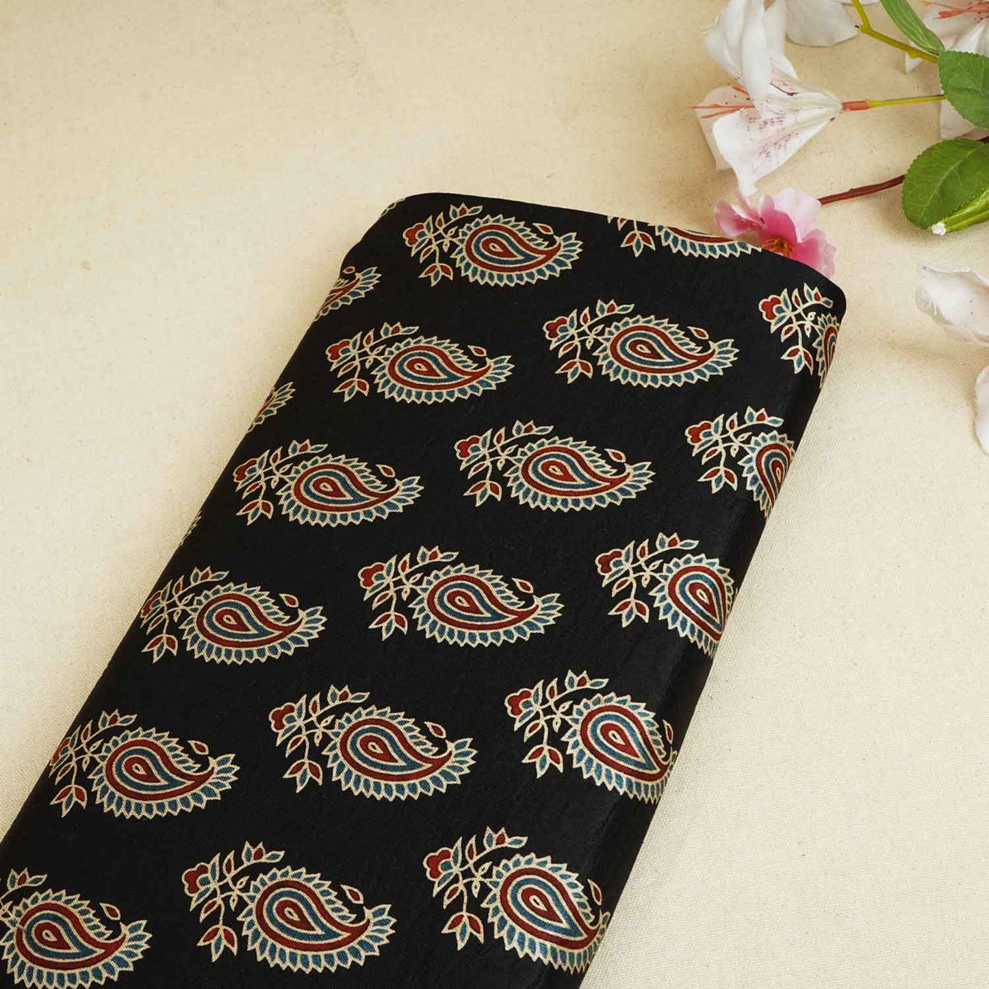 Black Floral Print Mashru Silk Fabric EEG-28362