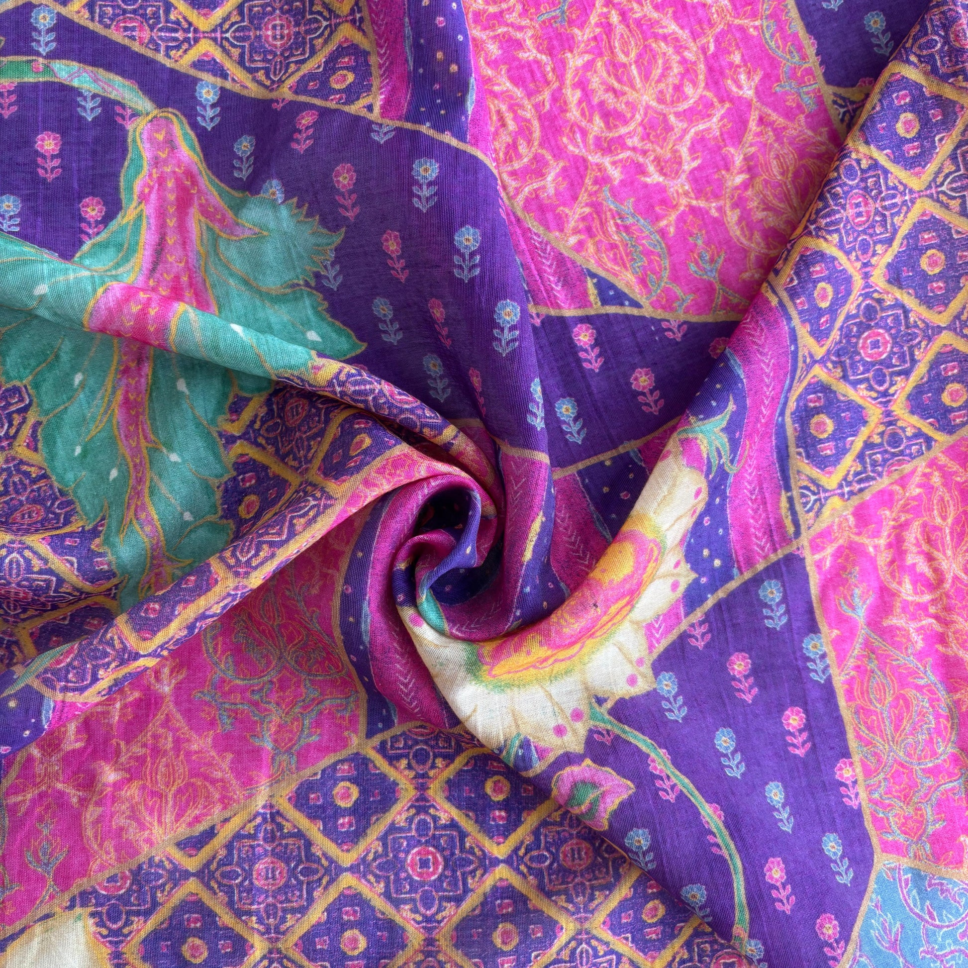 Purple Floral Print Chanderi Silk Fabric