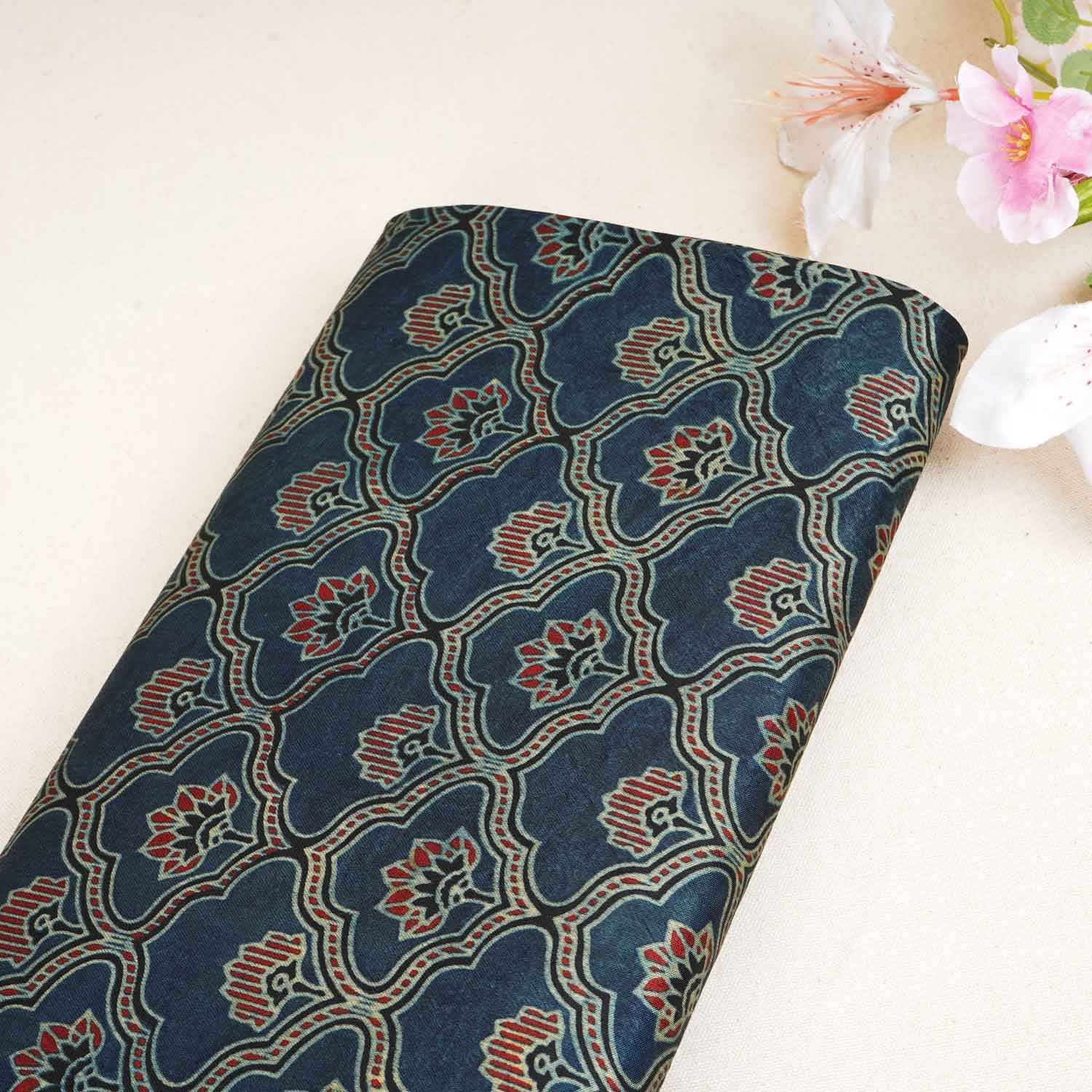 Teal Blue Floral Print Mashru Silk Fabric EEG-28364 - TradeUNO