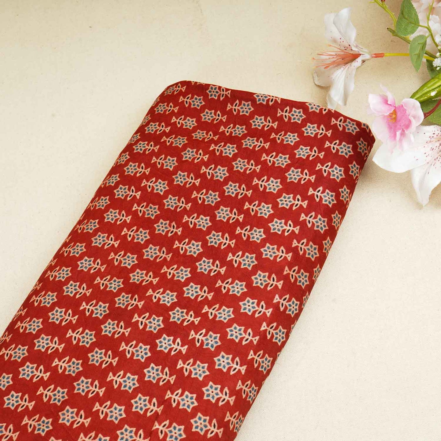 Red Floral Print Mashru Silk Fabric EEG-28365